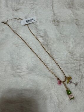 Betsey Johnson Gold Tone Necklace with Pink & Green Enamel Charms